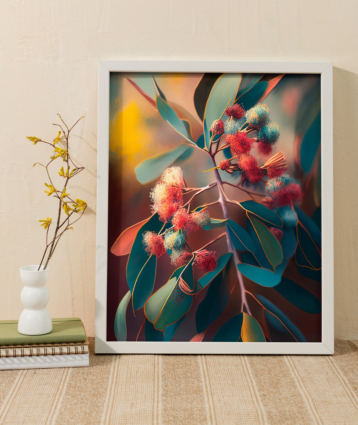 Eucalyptus Blossom Branch Teal and Coral Floral Painting Poster - Image 3