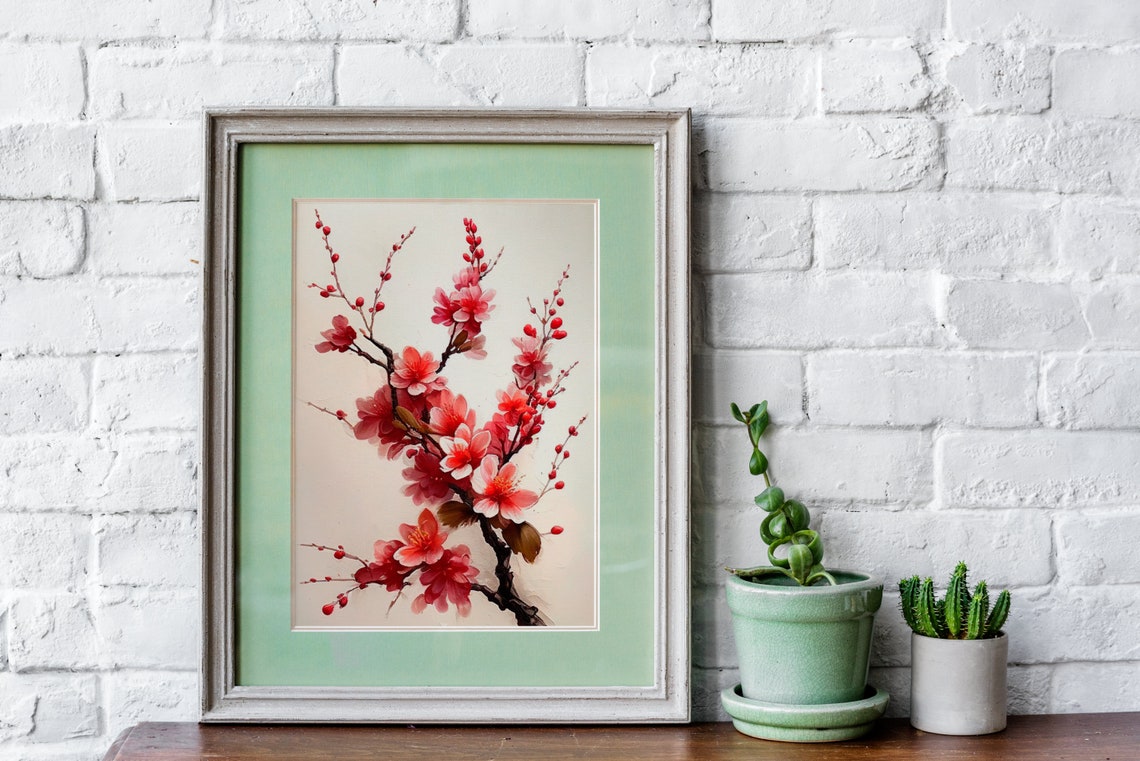 Red Cherry Blossom Branch Elegant Asian Ink Floral Art Poster - Image 3
