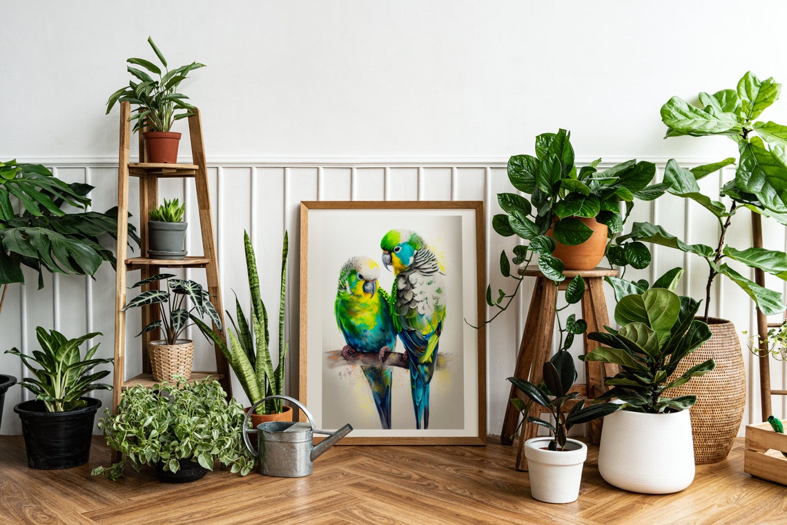 Pair of Cuddling Budgie Parakeets Watercolor Bird Artwork Poster