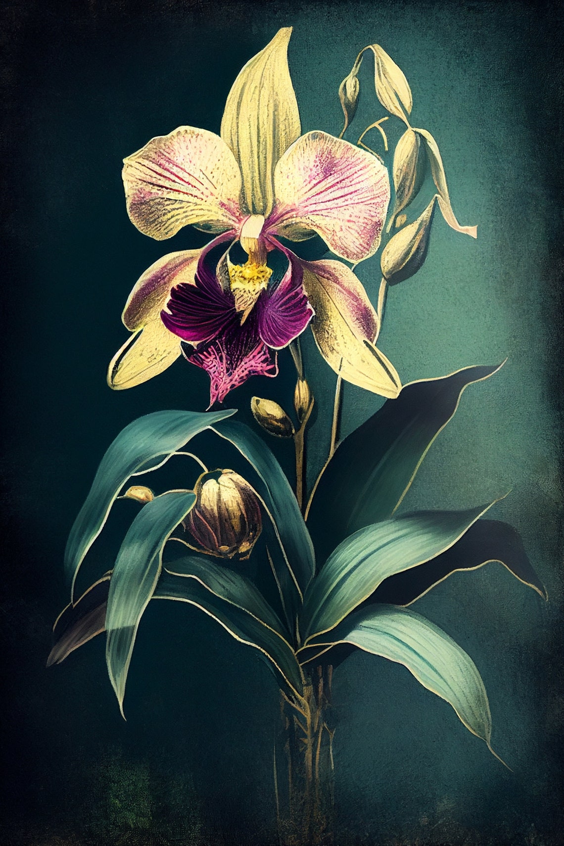 Elegant Orchid Blooms on Deep Teal Moody Botanical Art Poster - Image 2