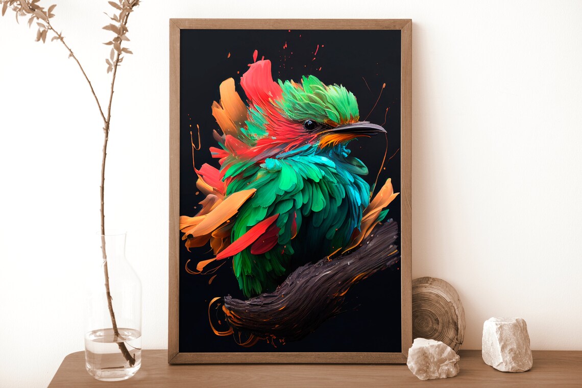 Colorful Emerald Tropical Bird Modern Paint Splash Art Poster