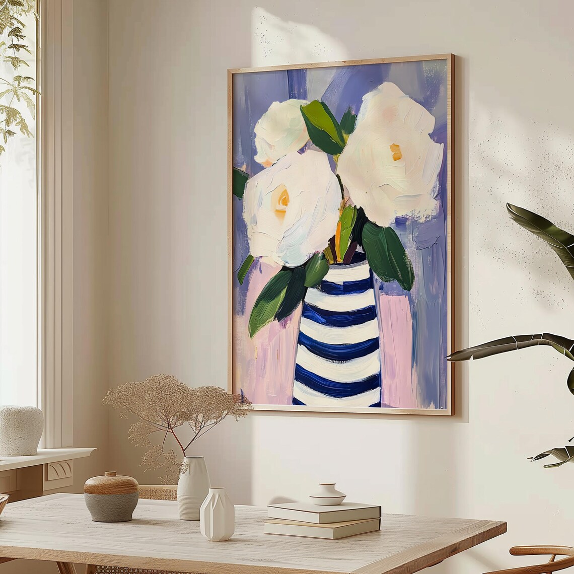 White Camellias in Striped Vase, Matisse Style Print