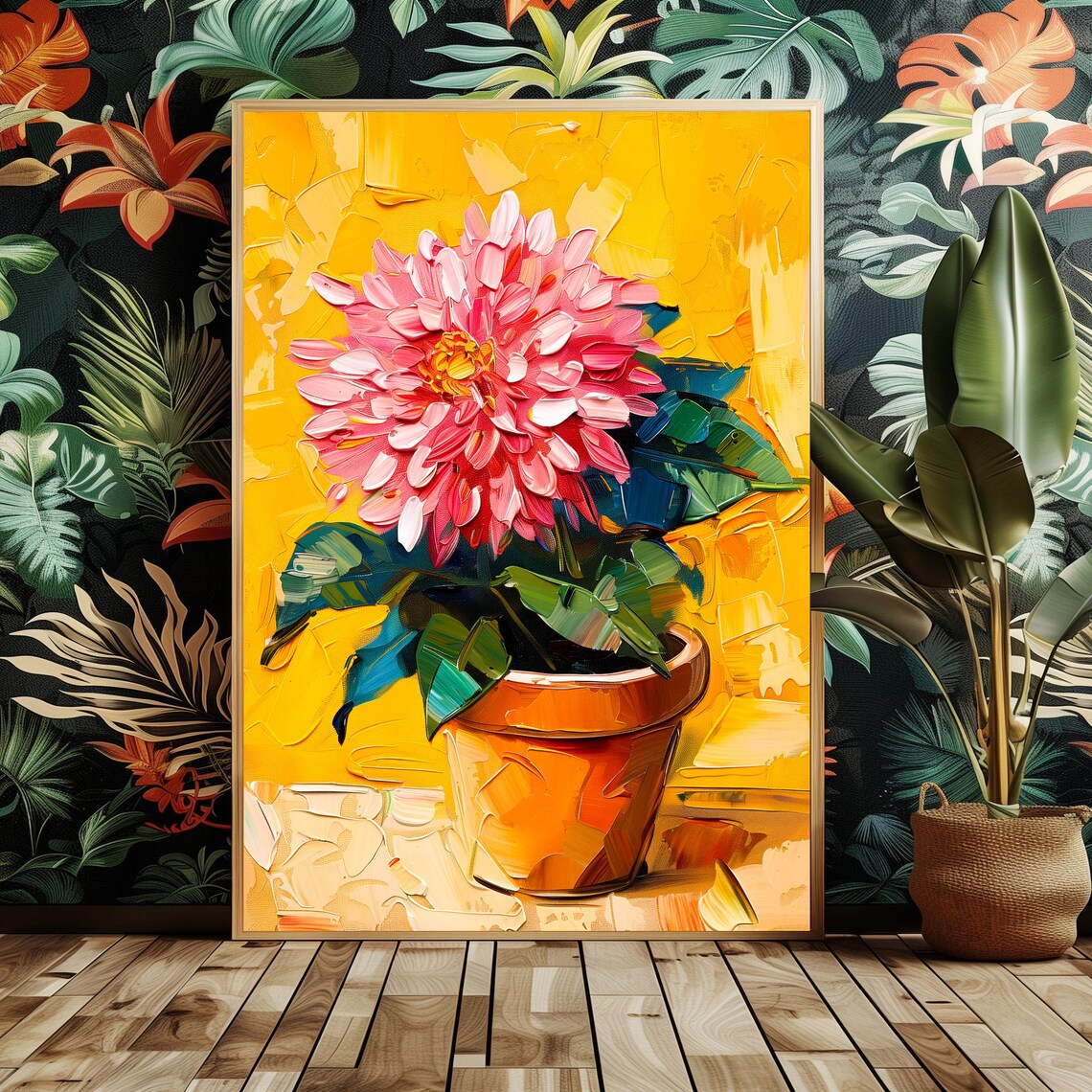 Pink Dahlia Bloom Impasto Floral Still Life Terracotta Art Poster