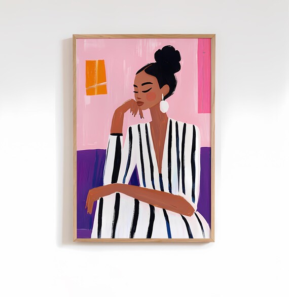 Colorful Purple Abstract People Art Print Mid Century Modern Wall Vibrant Stripe Interior Decor Woman Acrylic Poster