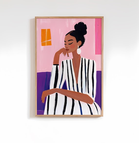 Stylish Woman in Striped Dress Pink Abstract Fashion Art Poster