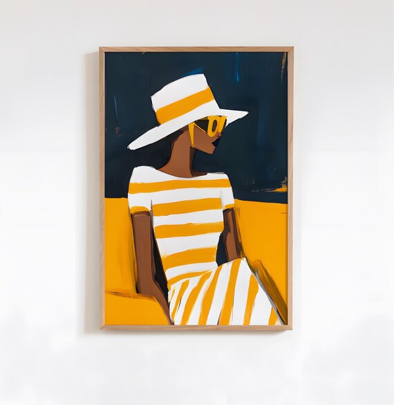 Navy And Yellow Striped Woman With Sun Hat Modern Art Poster