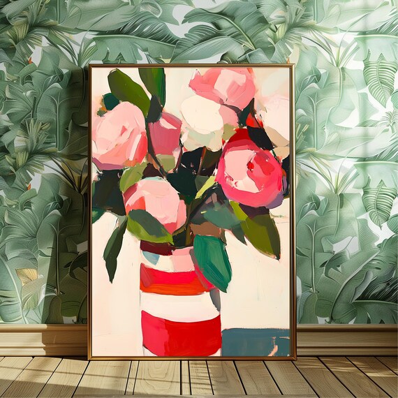 Pink Peonies Wall Art In Red Striped Vase Bold Modern Floral Still Life Print Minimalist Peony For Kitchen Or Living Room Decor