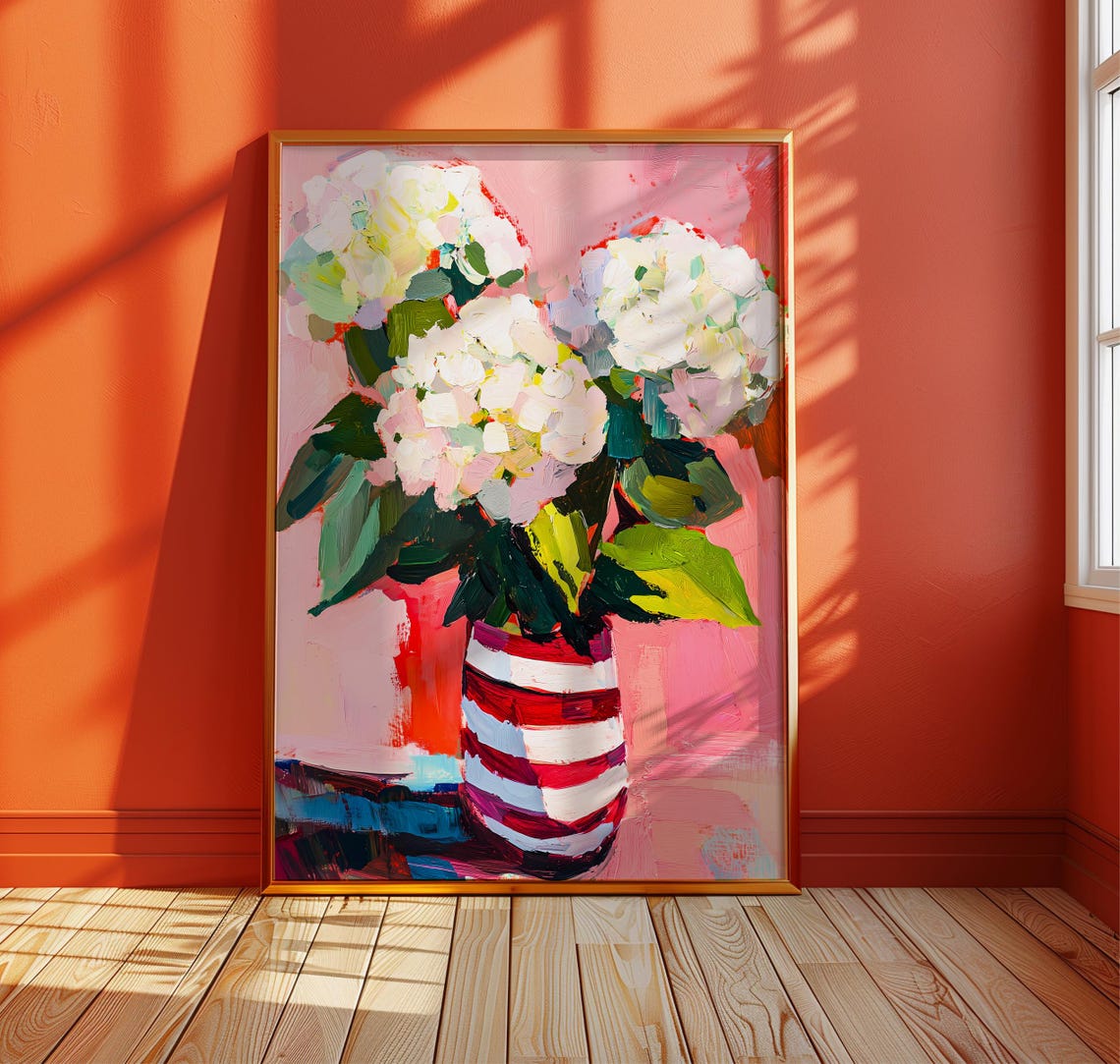 White Hydrangea Blooms Red Striped Vase Pink Floral Art Poster