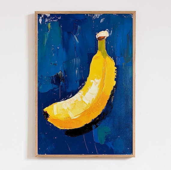 Single Banana on Deep Blue Background Acrylic Painting Poster