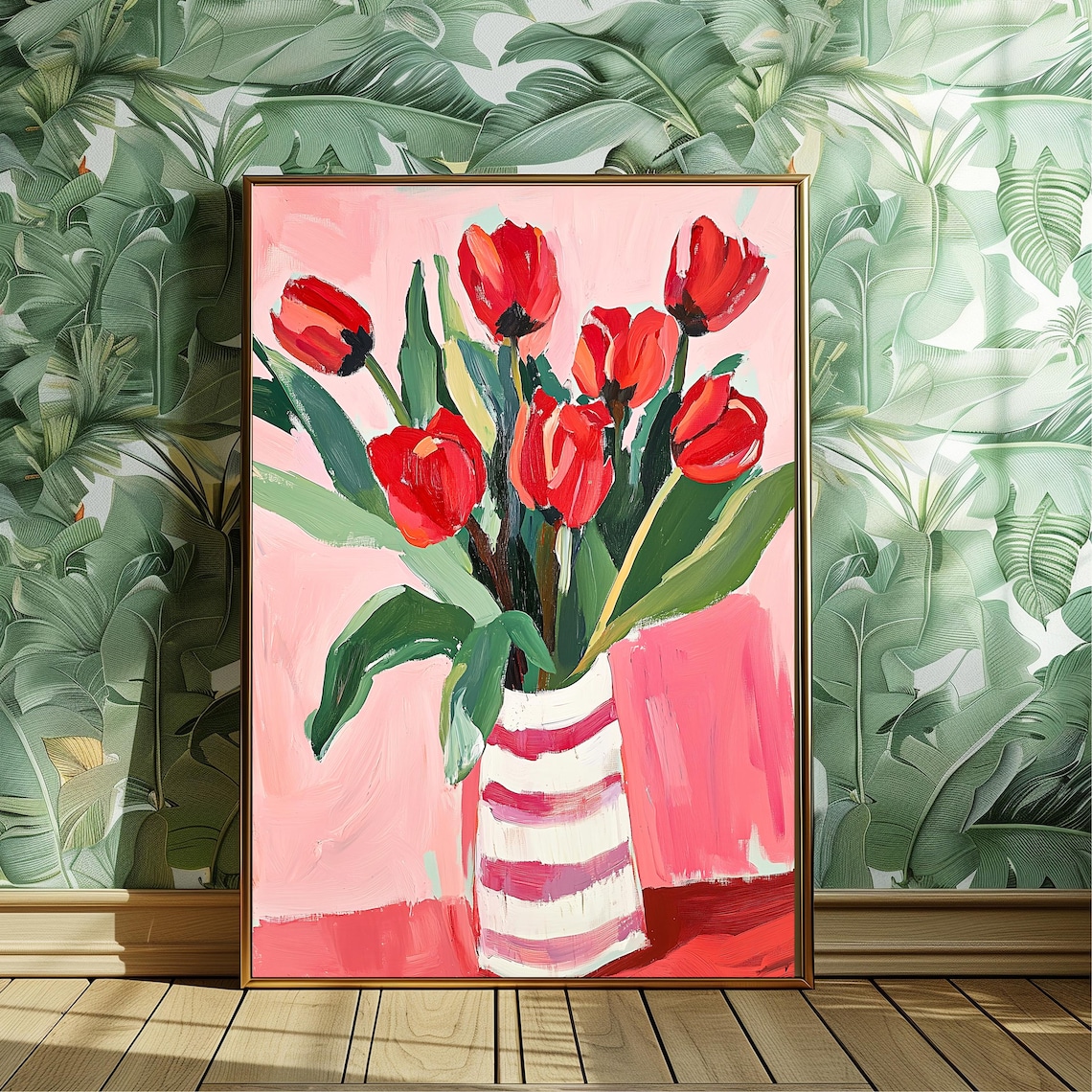 Red Tulips Gouache Painting, Vintage Floral Poster