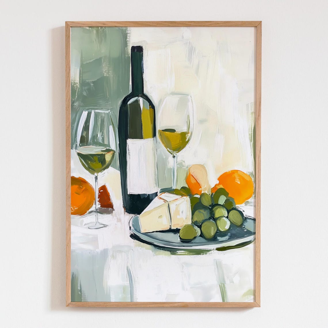 Wine Bottle Glasses Cheese Grapes Still Life Kitchen Art Poster
