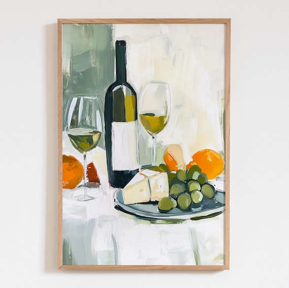 Wine Bottle Glasses Cheese Grapes Still Life Kitchen Art Poster