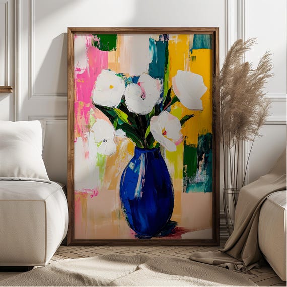 White Flowers In Blue Vase, Modern Floral Art Print
