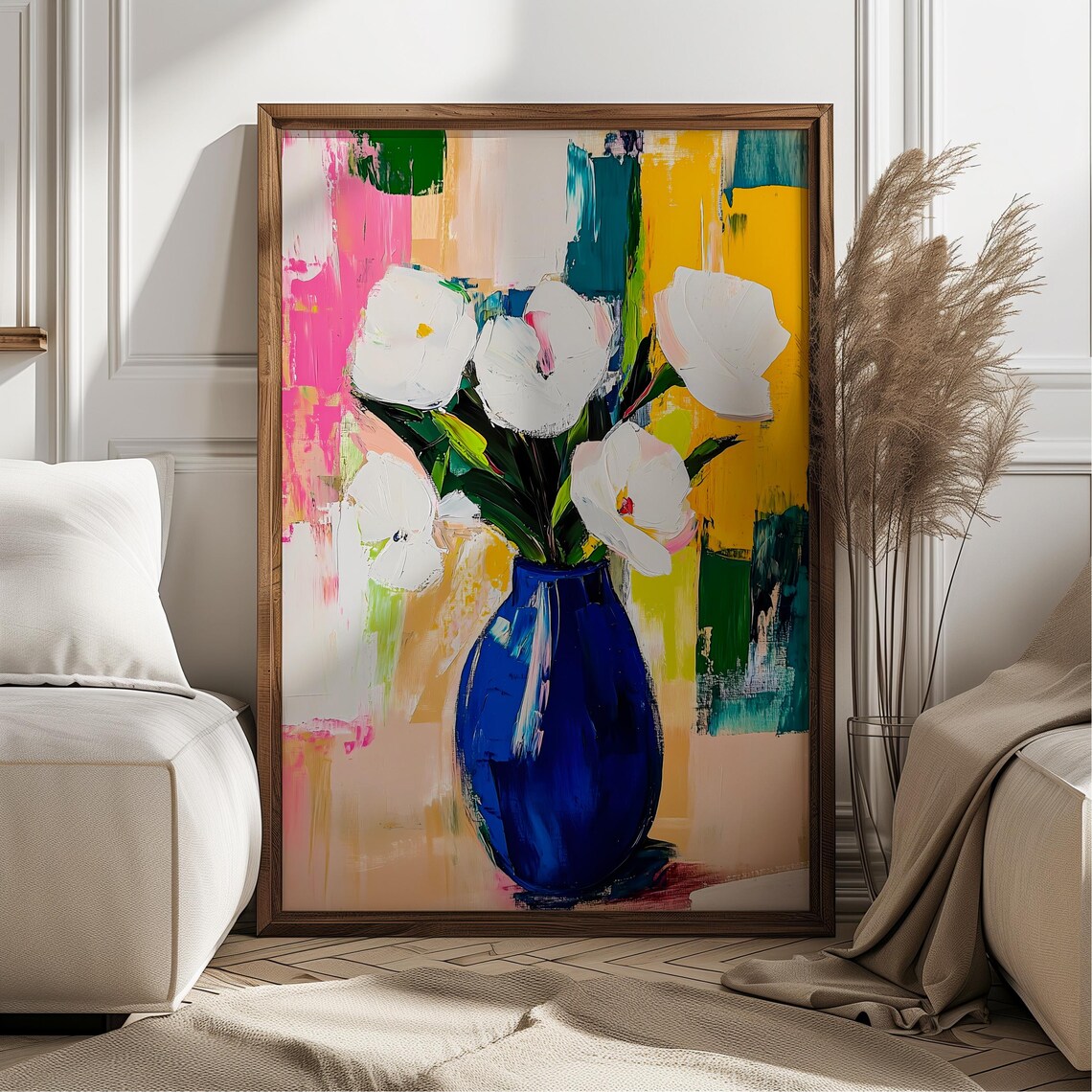 White Flowers In Blue Vase, Modern Floral Art Print