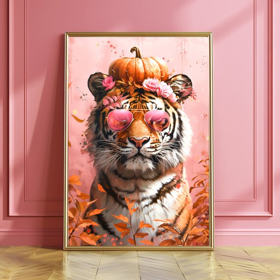 Funny Tiger In Pink Sunglasses With Pumpkin On Head Fall Poster
