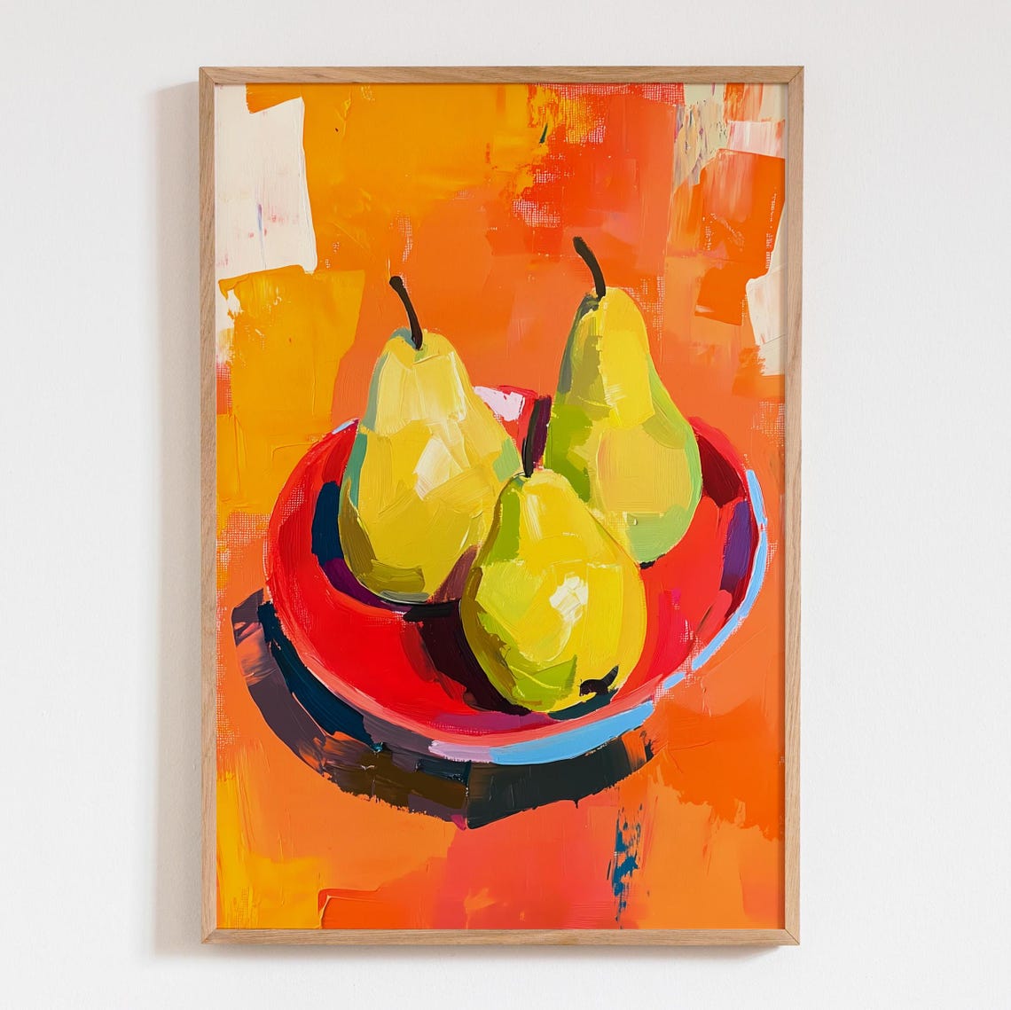 Three Yellow Pears on Red Plate Bold Still Life Kitchen Wall Art
