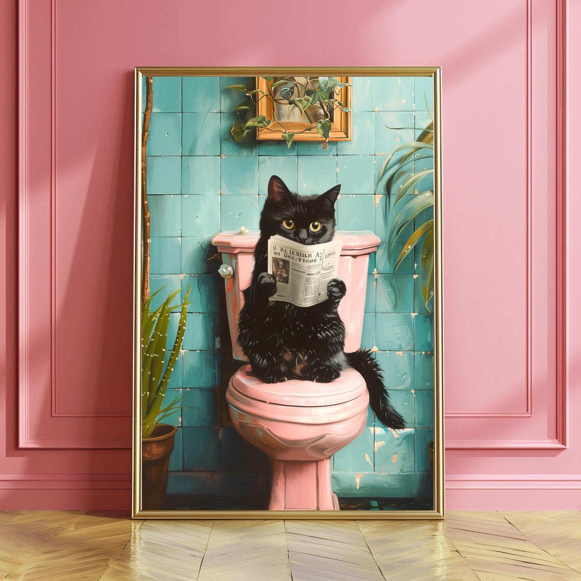 Funny Black Cat Reading Newspaper On Pink Toilet Bathroom Poster