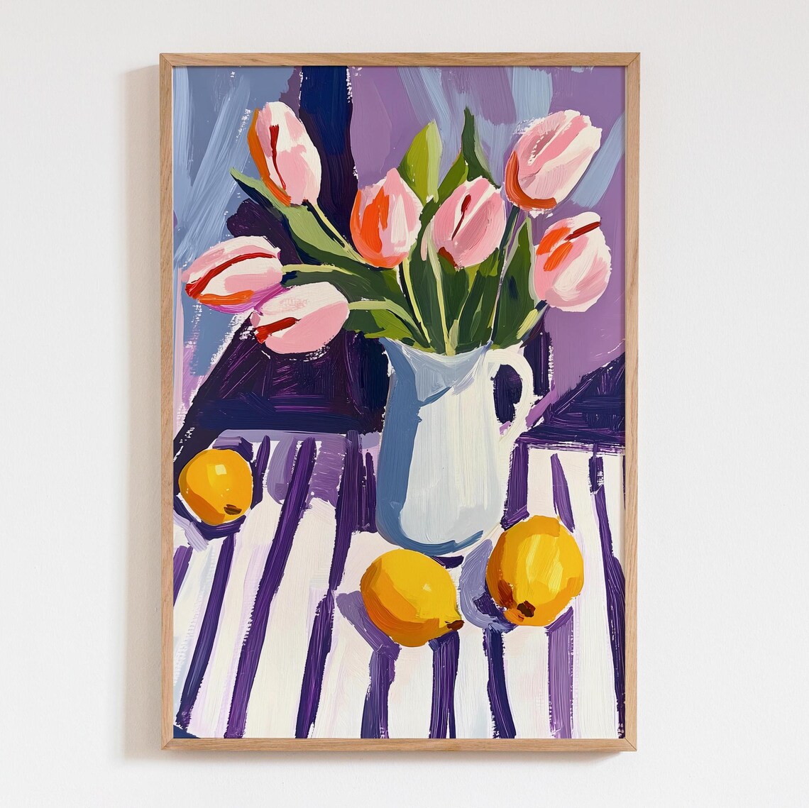 Pink Tulips And Lemons On Purple Striped Still Life Art Poster