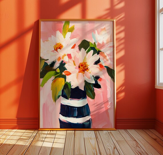 White Dahlia Wall Art Bold Floral Painting Print Pink Pastel Botanical Decor Modern Flower Illustration Vase Gift For Her