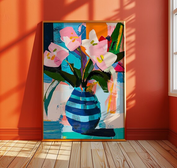 Abstract Calla Lily Oil Painting Colorful Flower Art Bold Floral Canvas Wall Blue Vase Botanical Modern Artwork