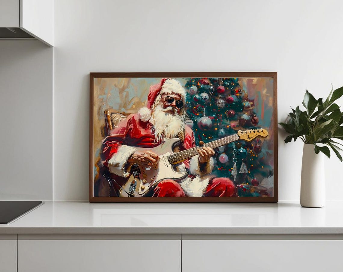 Santa Claus Rock Star Playing Electric Guitar Funny Christmas Poster