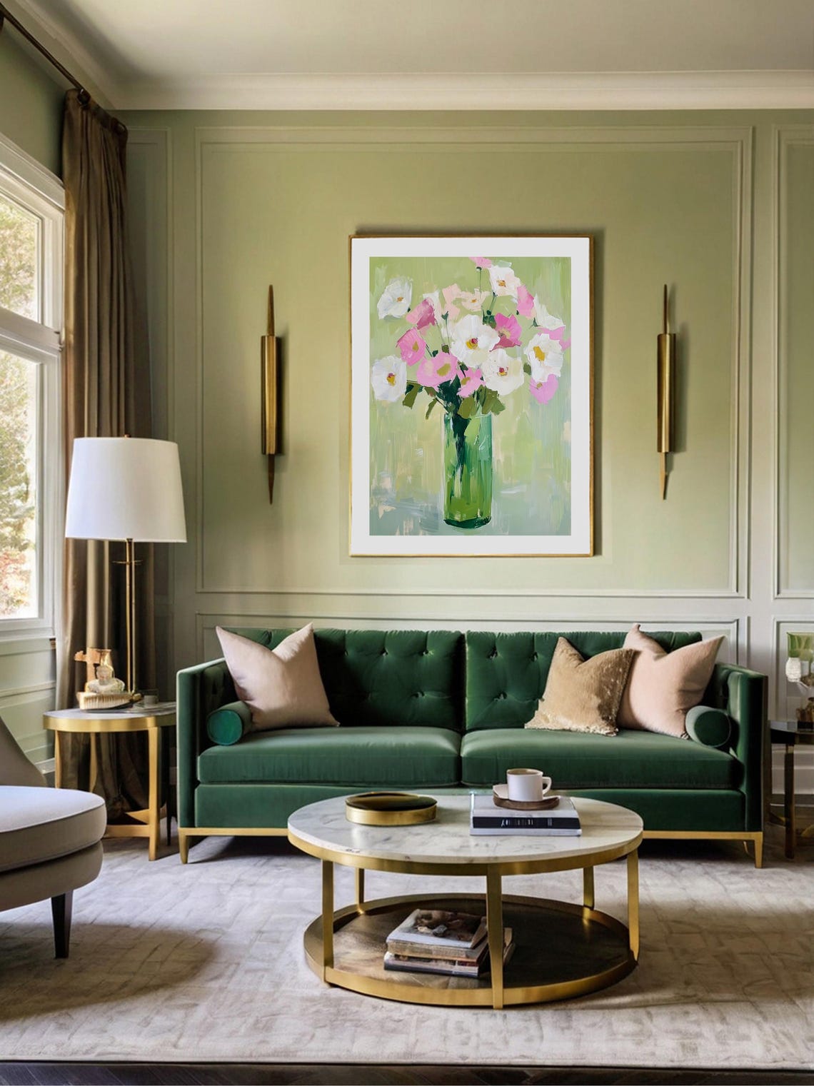 Pink And White Flowers In Green Vase Impressionist Floral Poster