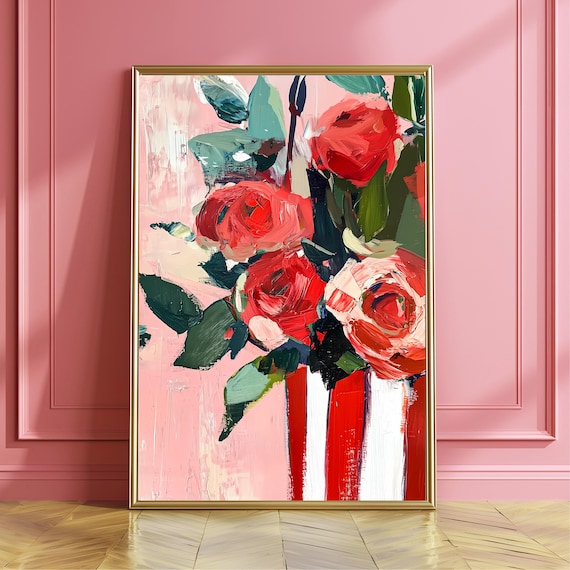 Abstract Rose Oil Painting Floral Art On Canvas Red White Vase Wall Decor Textured Pink Background Bold Modern Flower Gift