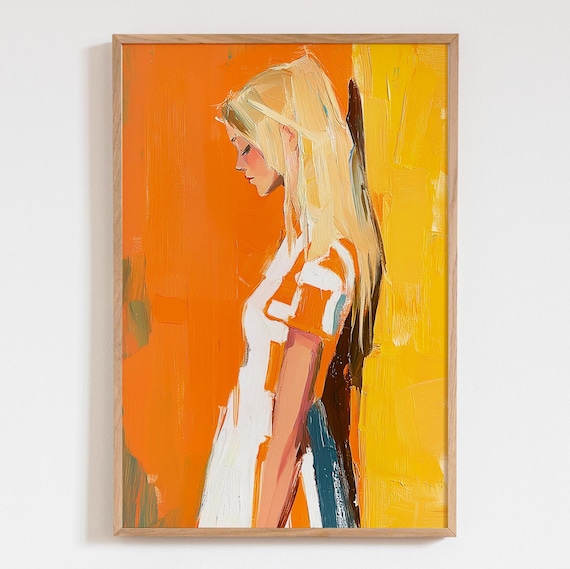 Blonde Woman Profile Abstract Painting Orange Background Wall Art