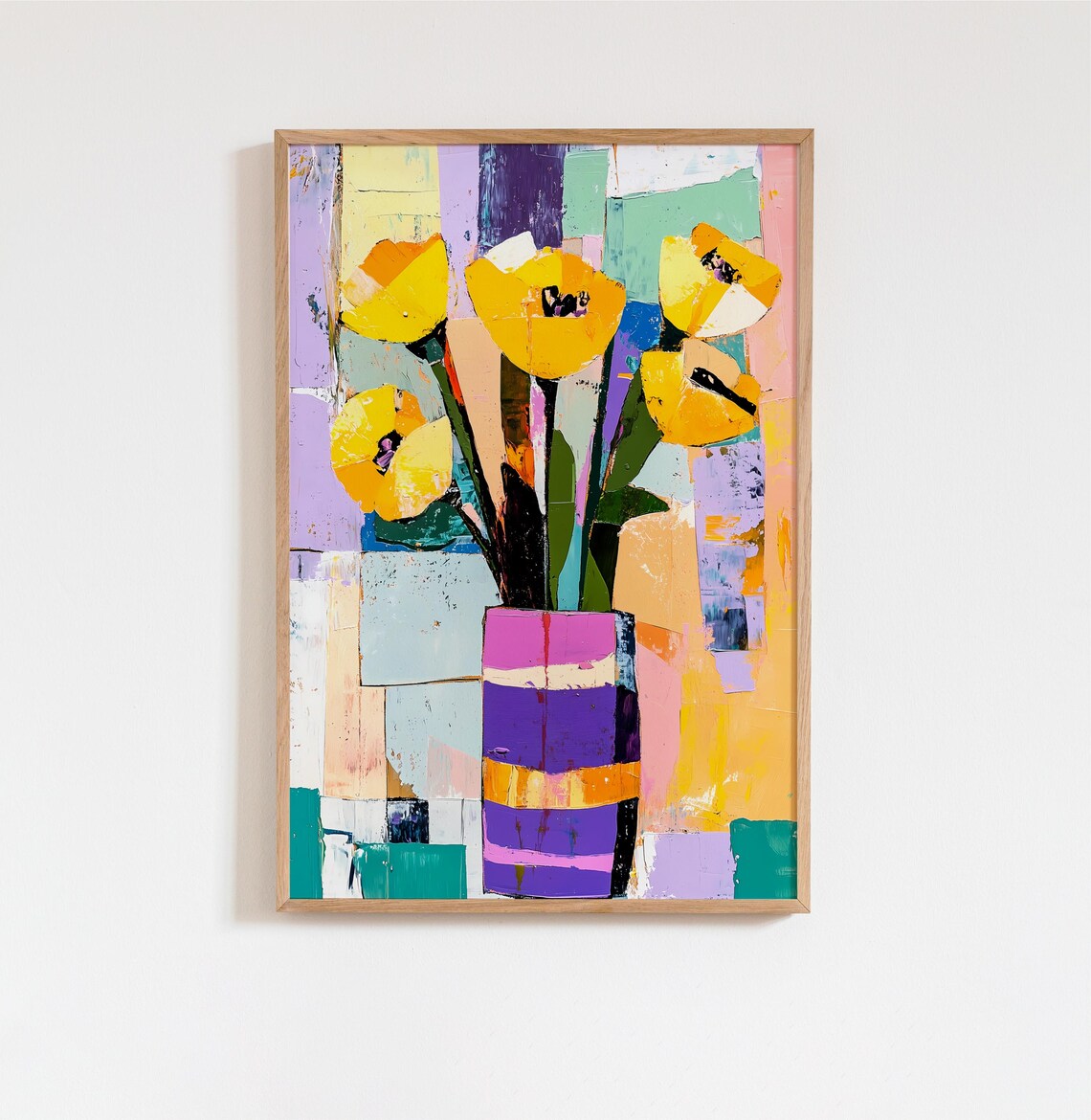 Yellow Tulips in Striped Vase Colorful Abstract Floral Painting Poster