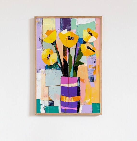 Abstract Tulip Art Print Yellow Flowers Modern Wall Decor Bold Minimalist Painting Vintage Style Floral Poster Gift For Her Or Home