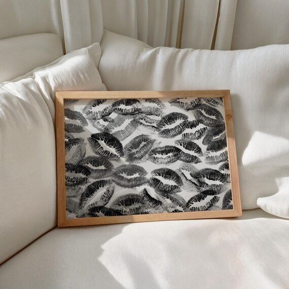 Black Kiss Lips Pattern Funky Retro Preppy Dorm Room Decor Poster