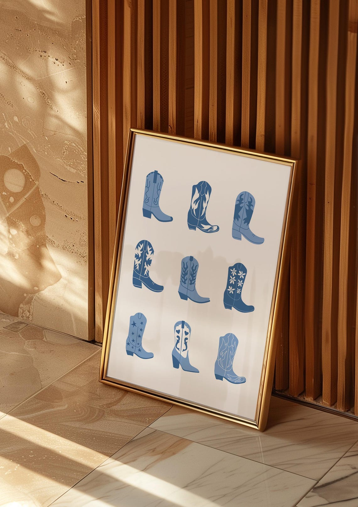 Navy Blue Cowboy Boots Nine Grid Western Trendy Aesthetic Poster - Image 2