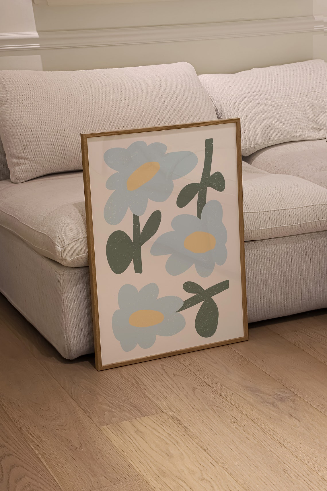 Abstract Blue Flowers Cream Background Modern Botanical Poster