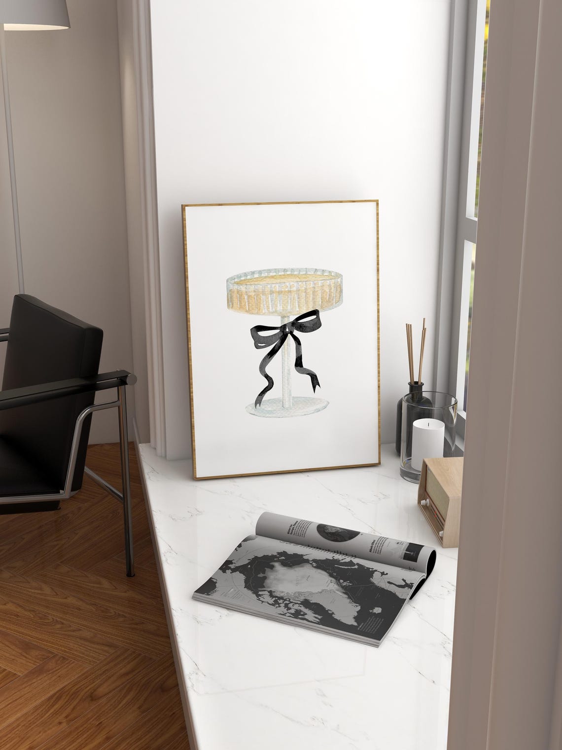 Champagne Coupe Watercolor with Black Bow Chic Bar Cart Art Poster