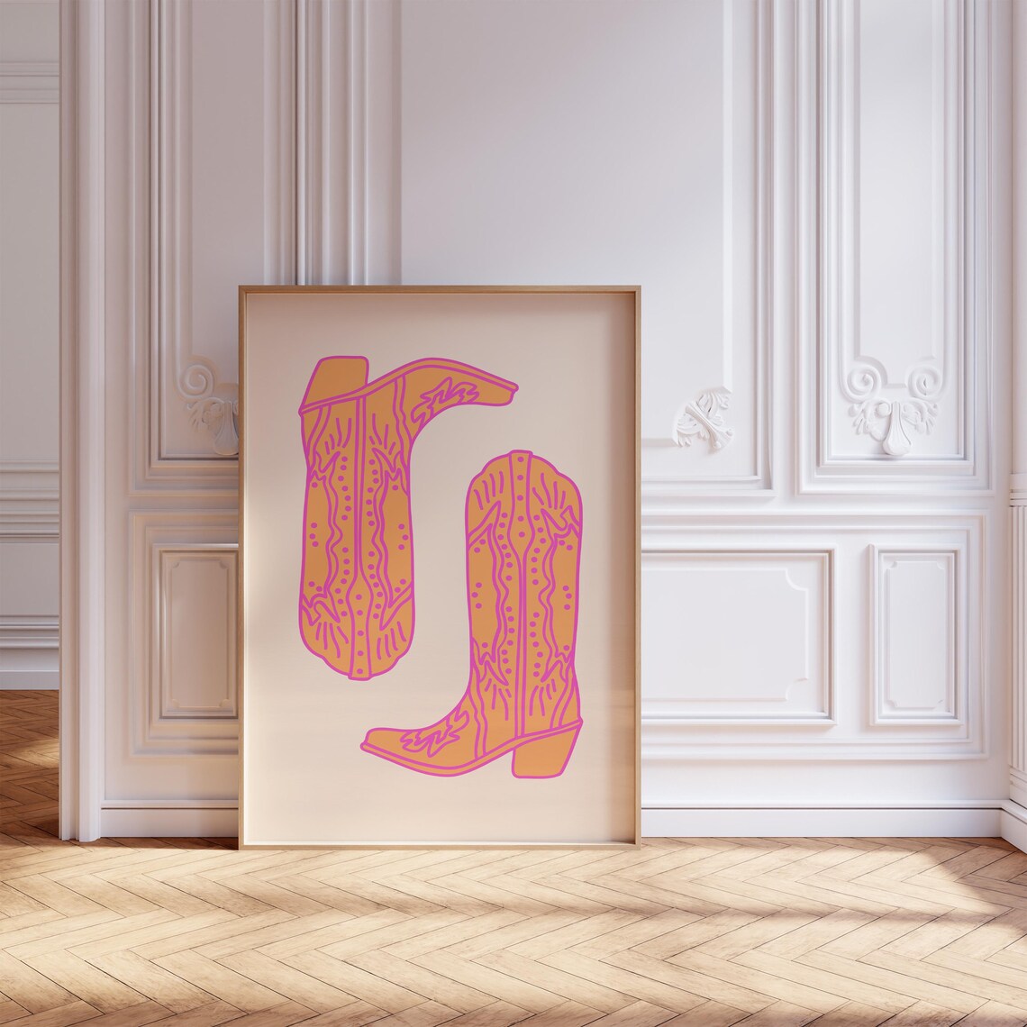 Orange Cowboy Boots Pink Line Detail Pair Western Decor Poster - Image 2