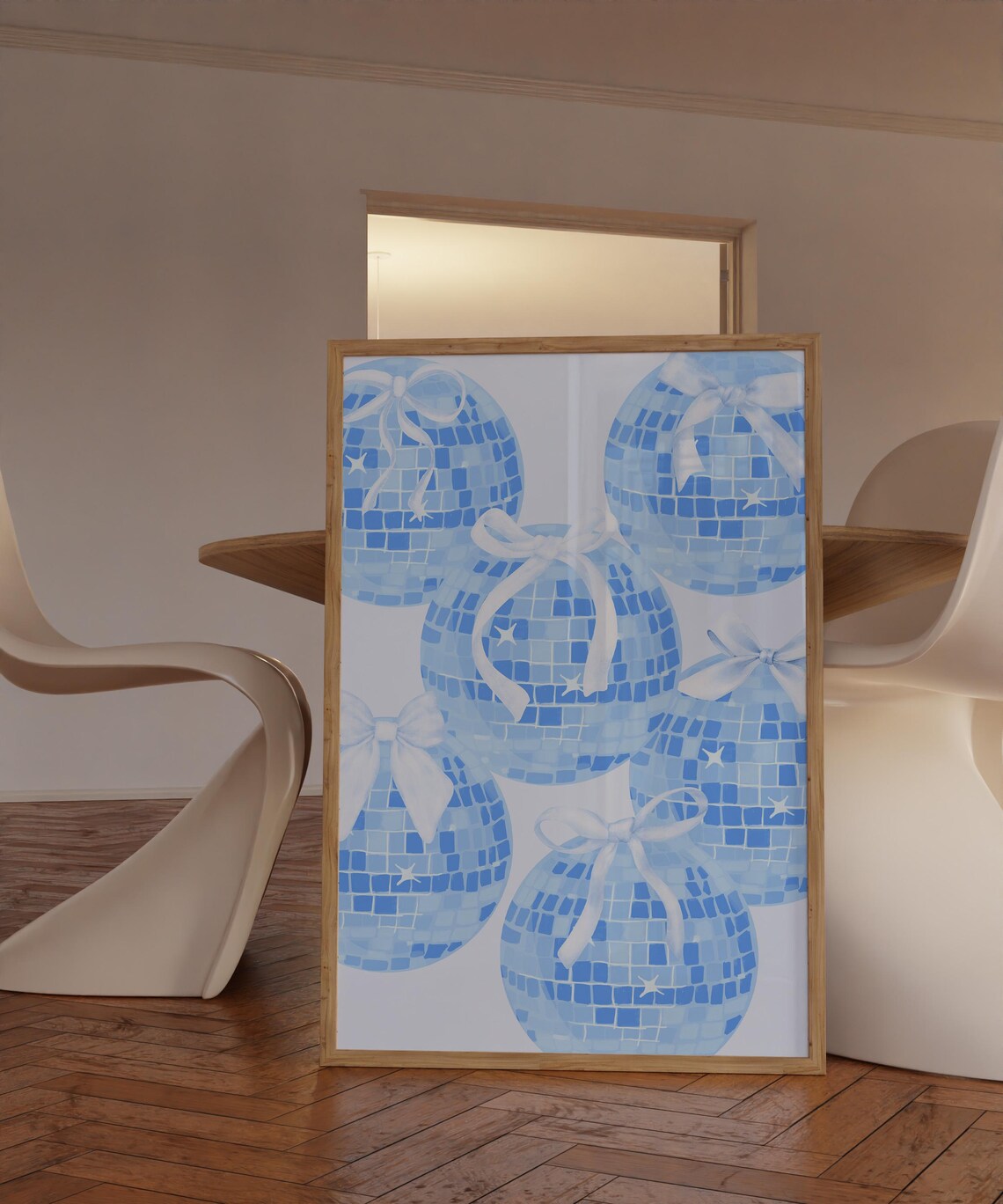Light Blue Disco Ball With White Bows Trendy Aesthetic Party Wall Art - Image 2