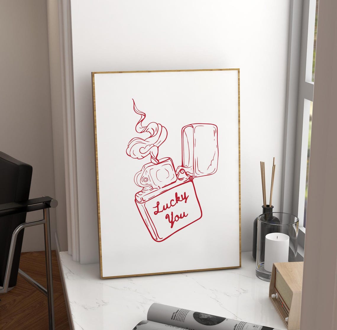Lucky You Red Lighter Line Art Minimalist Retro Trendy Poster