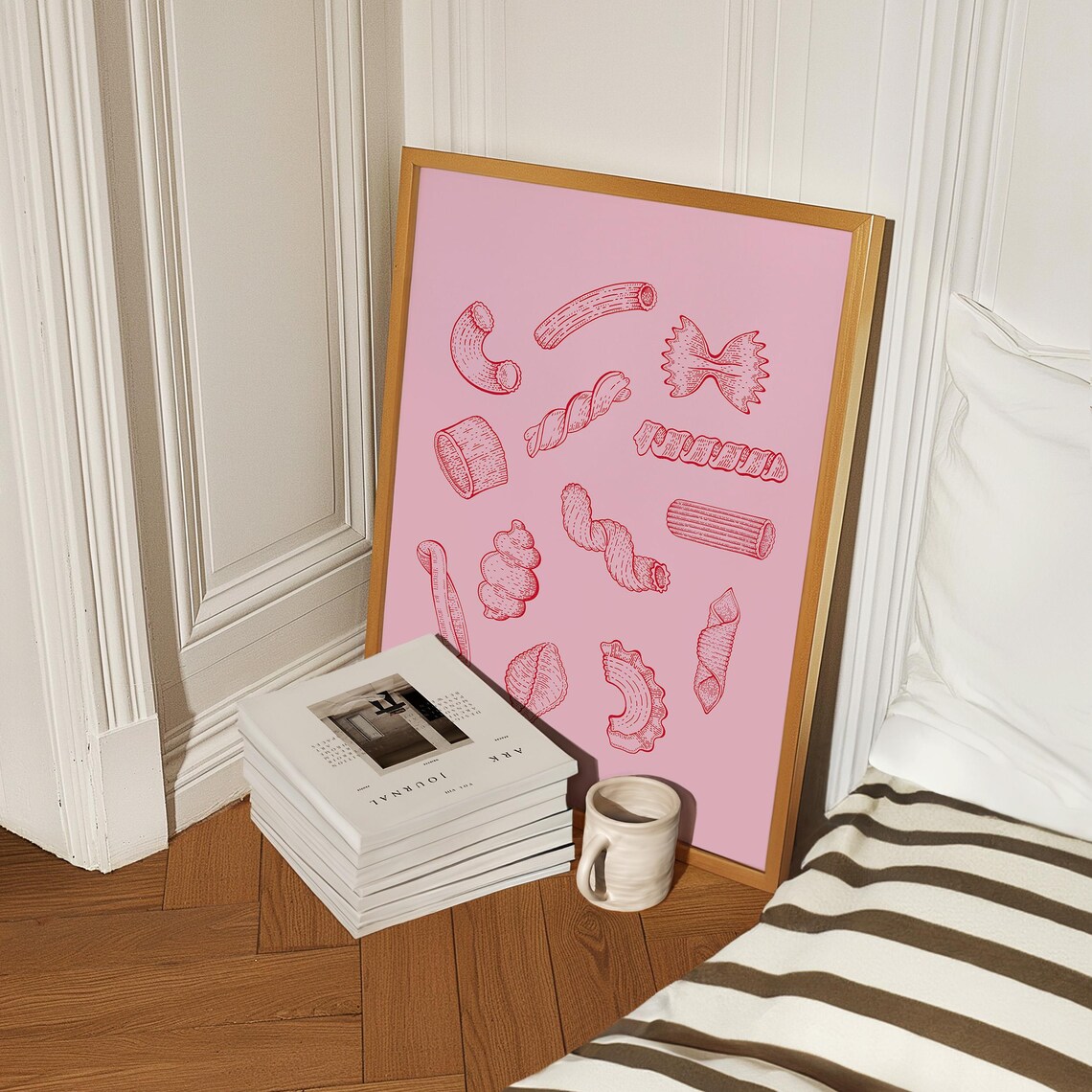 Red Pasta Shapes Line Art Sketch Italian Pink Kitchen Foodie Poster - Image 3