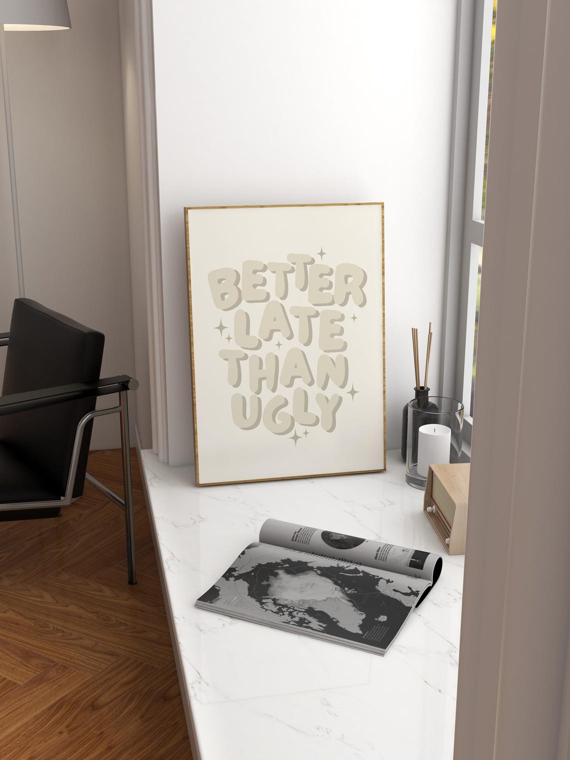 Better Late Than Ugly Beige Bubble Letter Funny Quote Poster - Image 2