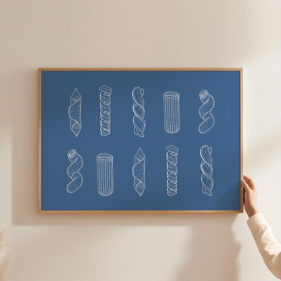 Navy Blue Pasta Shapes White Line Art Italian Kitchen Poster