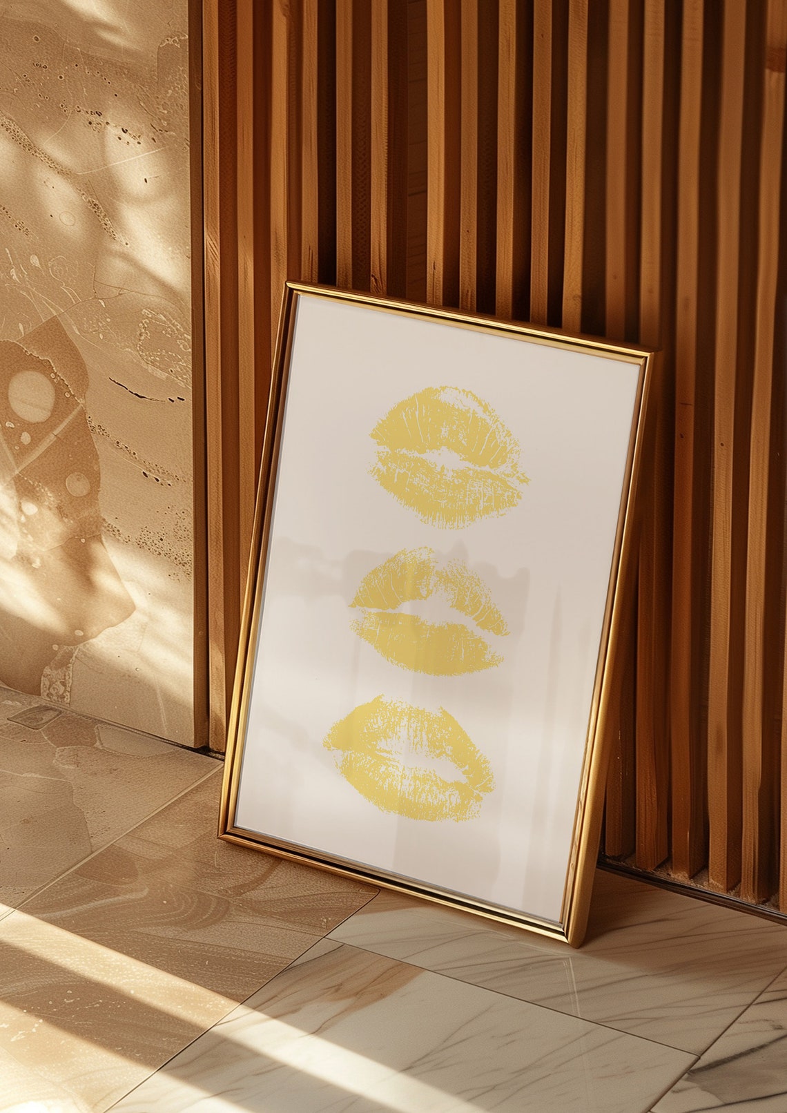 Yellow Lipstick Kiss Marks Minimalist Fashion Vanity Room Poster