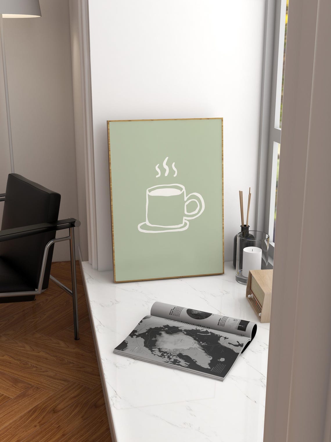 Sage Green Coffee Cup Cream Line Art Minimalist Kitchen Poster - Image 2
