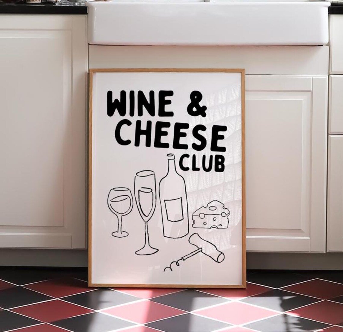 Wine And Cheese Club Black Hand Lettered Kitchen Bar Cart Quote Poster - Image 3