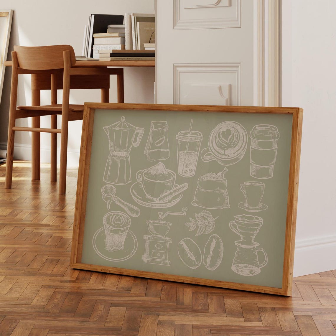 White Line Coffee Collage Sage Green Kitchen Bar Sketch Art Poster - Image 3