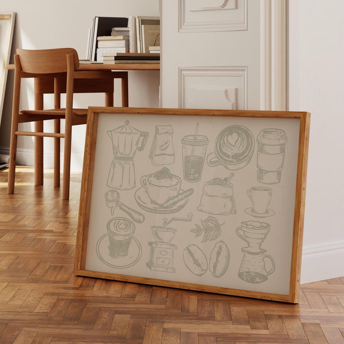 Sage Green Coffee Collage Vintage Kitchen Bar Sketch Art Poster - Image 3