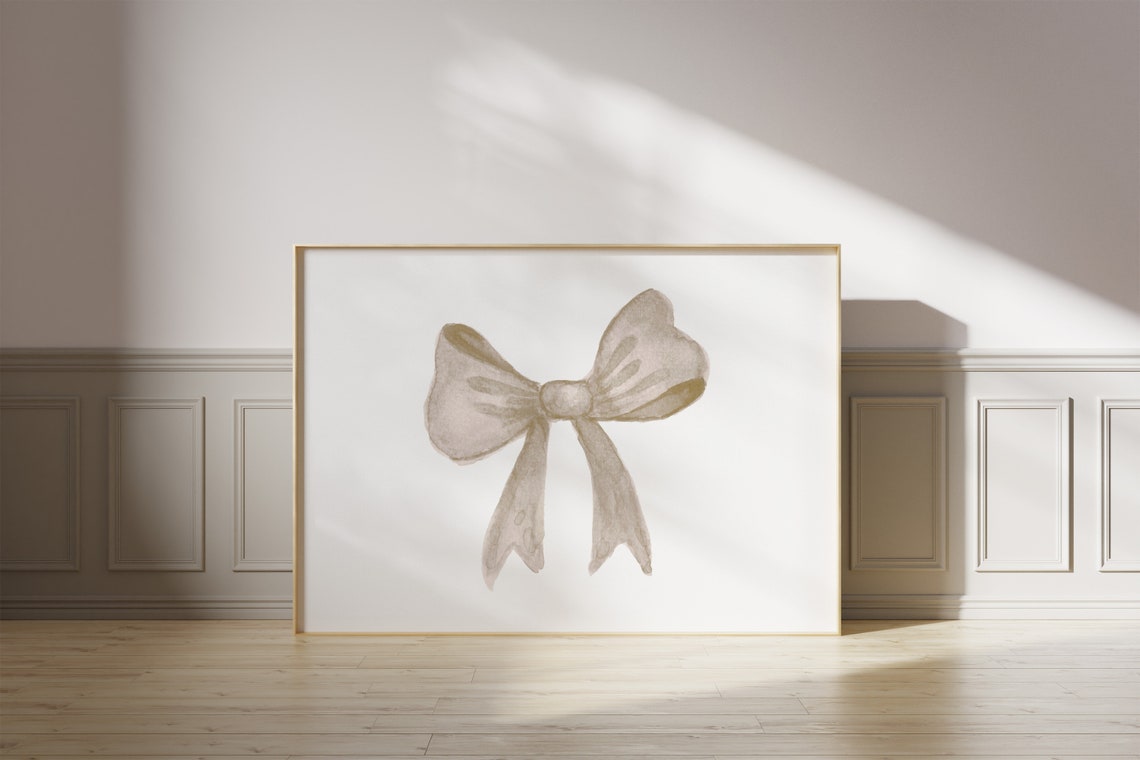 Taupe Ribbon Bow Watercolor Minimal Neutral Elegant Wall Art