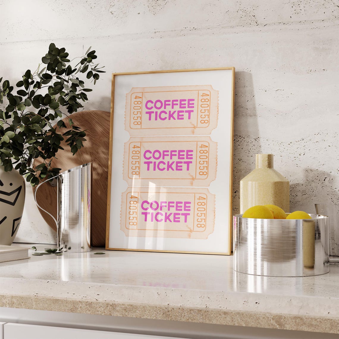 Coffee Ticket Kitchen Wall Art Bar Prints Trendy Pink Orange