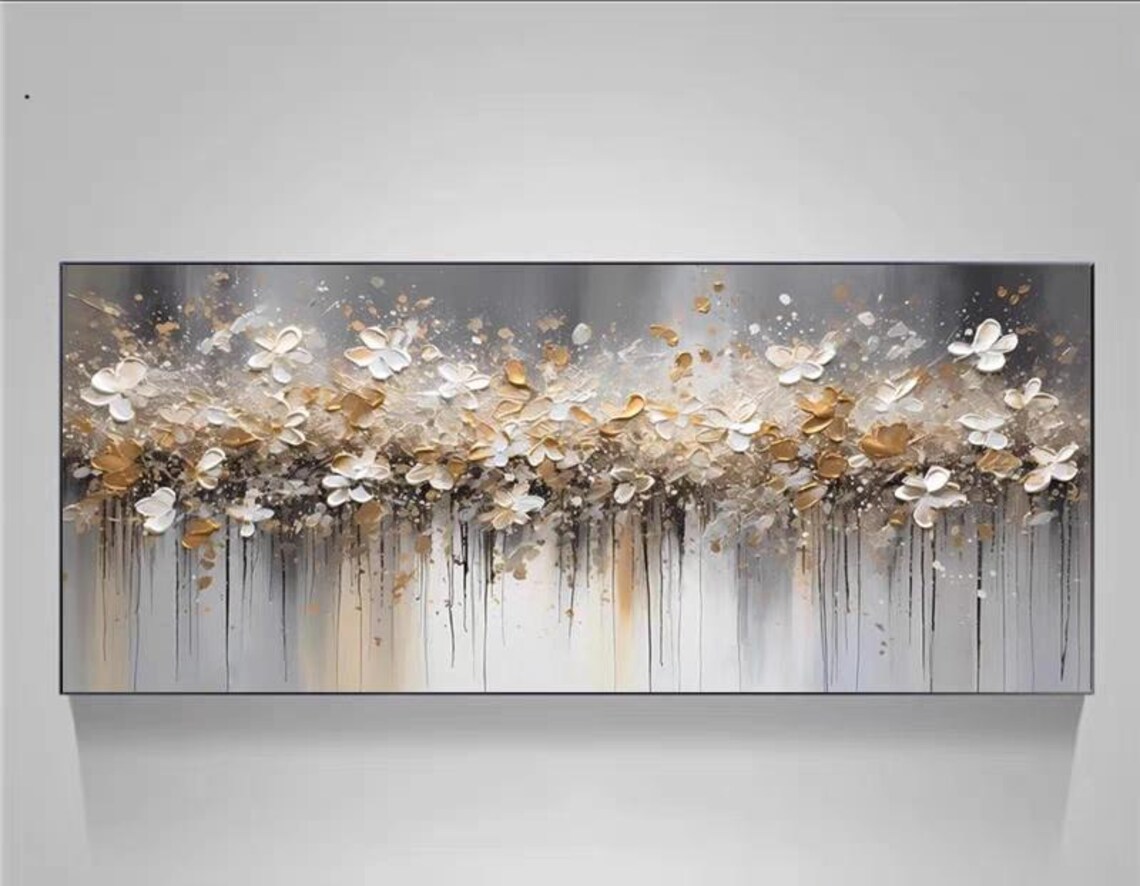 Abstract Floral Art Print, Horizontal White Gold Flowers - Image 3