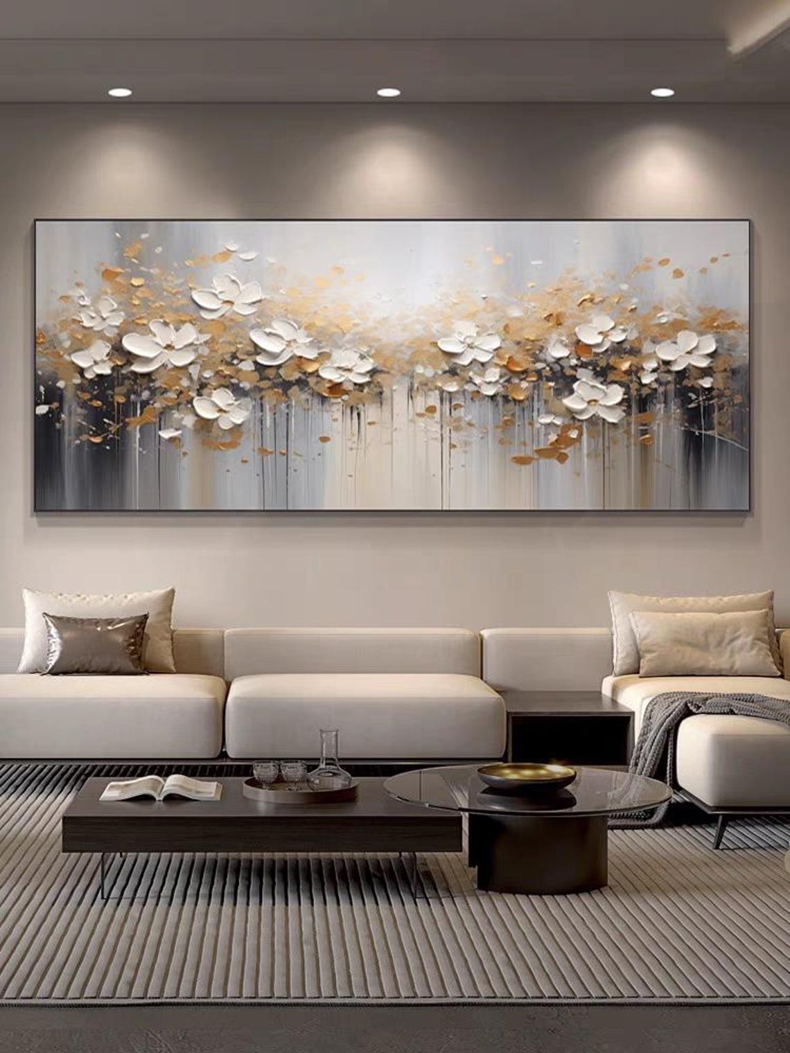 Panoramic White Blossoms with Gold Leaf Textured Floral Poster - Image 3