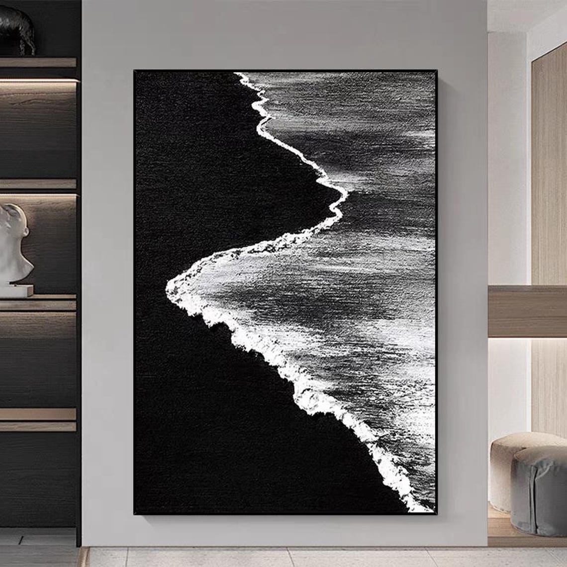 Black White Night Ocean Waves Textured Abstract Seascape Art Poster - Image 3